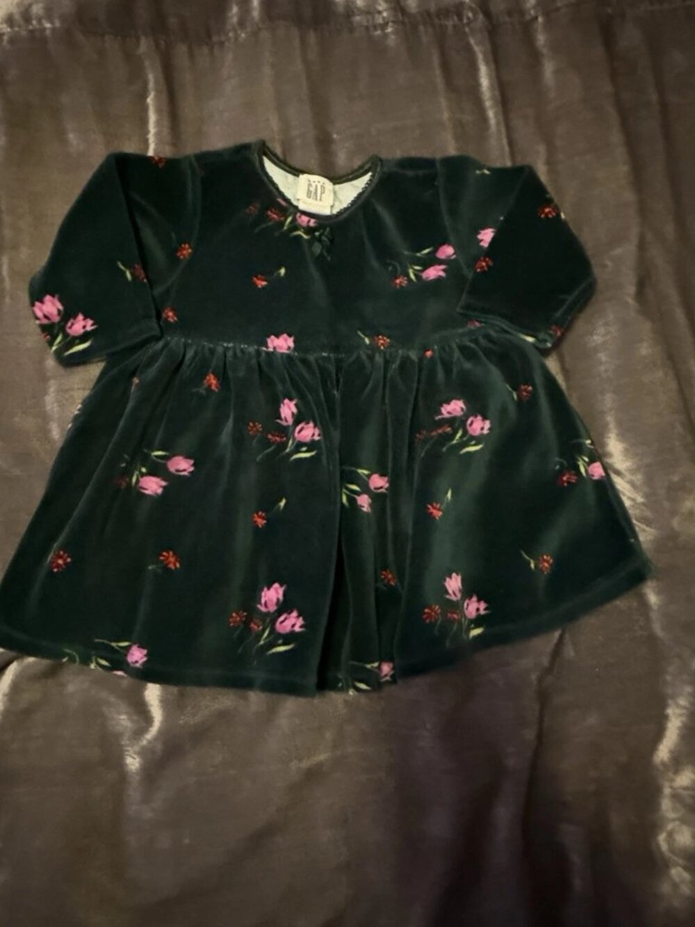 Vintage 90s Baby Gap Long Sleeve Dark Green Velvet Floral Dress 6-12 Months